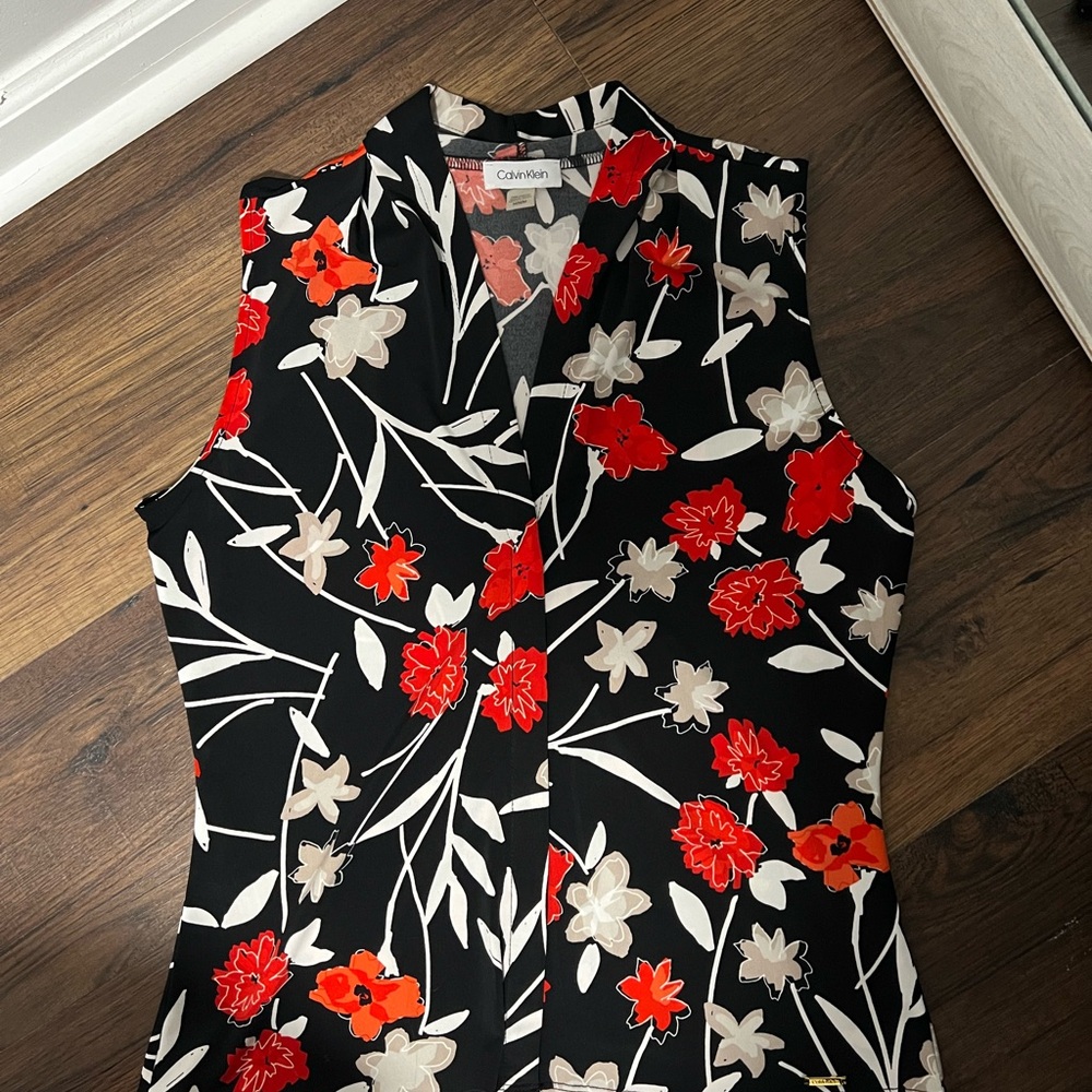 Calvin Klein Black Top with Red and Cream Floral Design